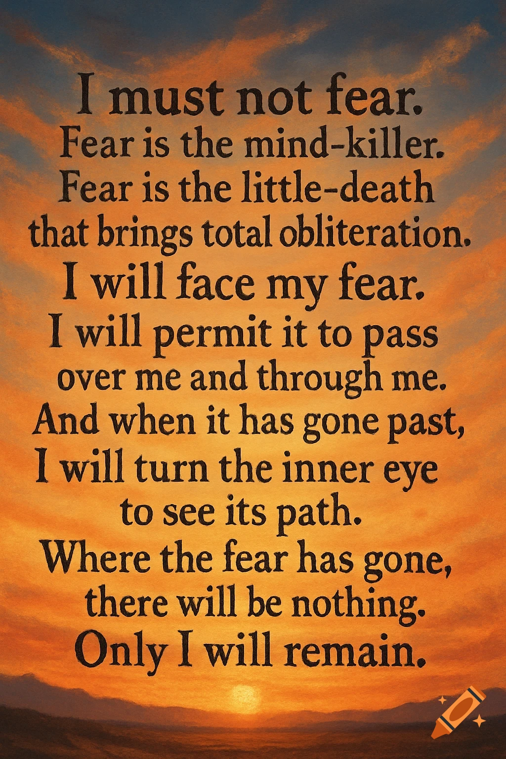The 'I must not fear' quote in black text, set against a vibrant orange and blue sunset over a dark landscape.