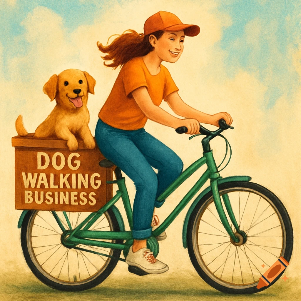 An illustration of a smiling girl riding a green bicycle, carrying a happy golden retriever puppy in a box labeled "DOG WALKING BUSINESS" on the back.