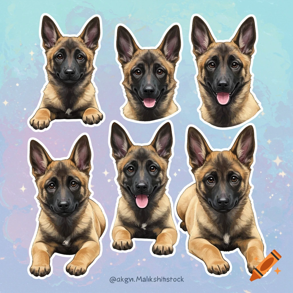 Six cartoon-style Belgian Malinois puppy stickers on a light blue and purple background.