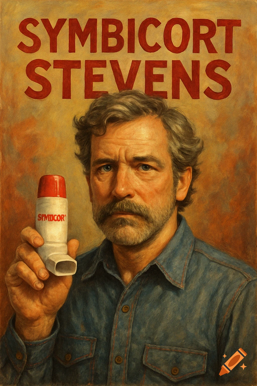 A man with a beard holds an inhaler, with "SYMBICORT STEVENS" written above. Painted style.