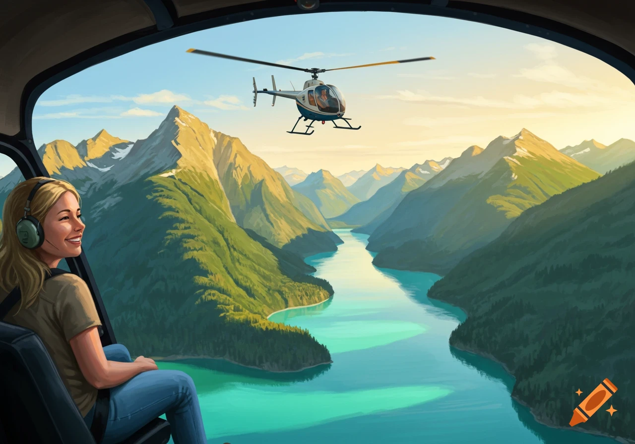 A blond woman in a helicopter with headphones looks out at a vast mountainous landscape with a river below, another helicopter flies nearby. Illustrated style.