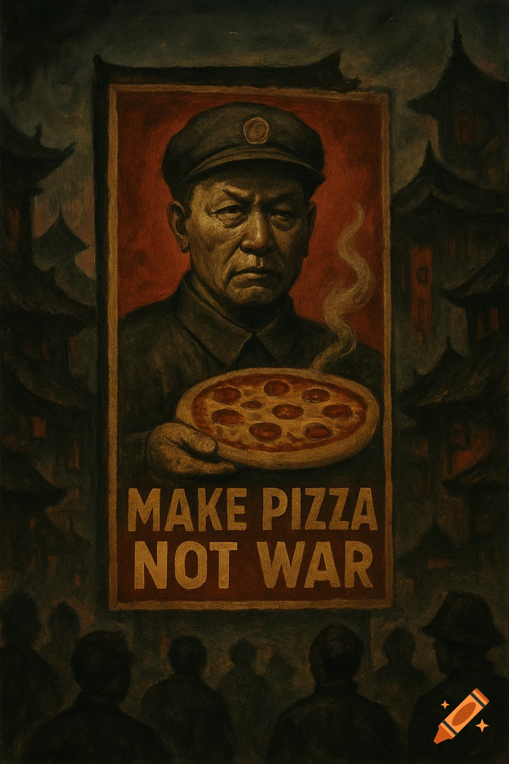 A dark, surreal propaganda poster featuring a stern Mao-like figure holding a pizza, with text "MAKE PIZZA NOT WAR". Chinese-style architecture and shadowed figures are in the background.