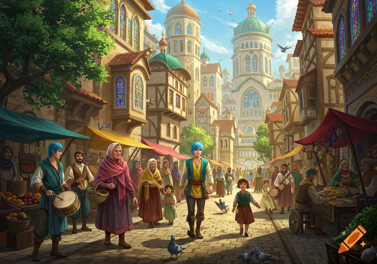 A vibrant, detailed illustration of a bustling medieval town market square under a sunny sky, filled with people, colorful stalls, and detailed buildings.