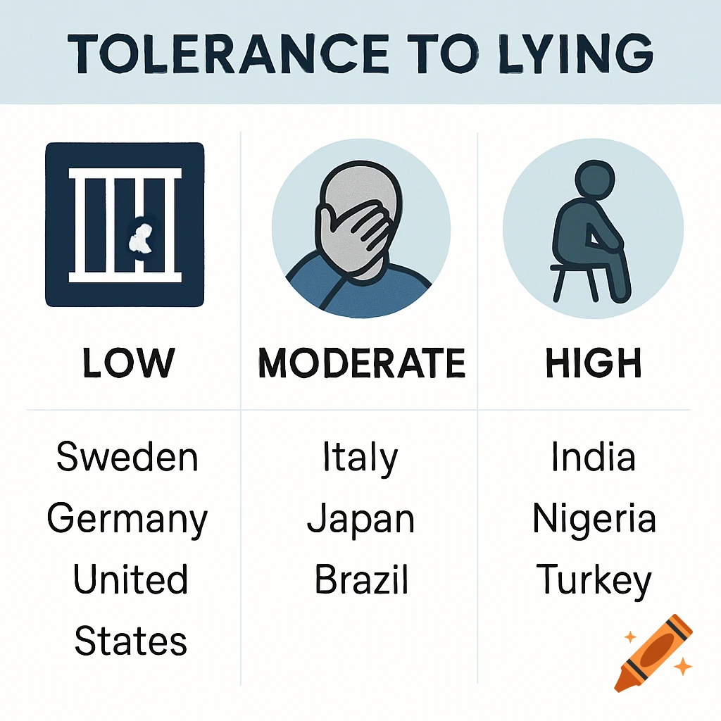 Infographic titled 'Tolerance to Lying' showing countries categorized by low, moderate, and high tolerance, with corresponding icons.