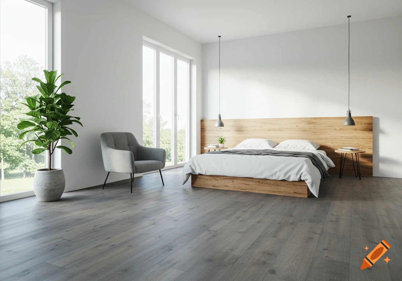 A modern bedroom with grey vinyl plank flooring, white walls, a warm wood accent wall behind the bed, large windows, a grey armchair, and a potted plant.