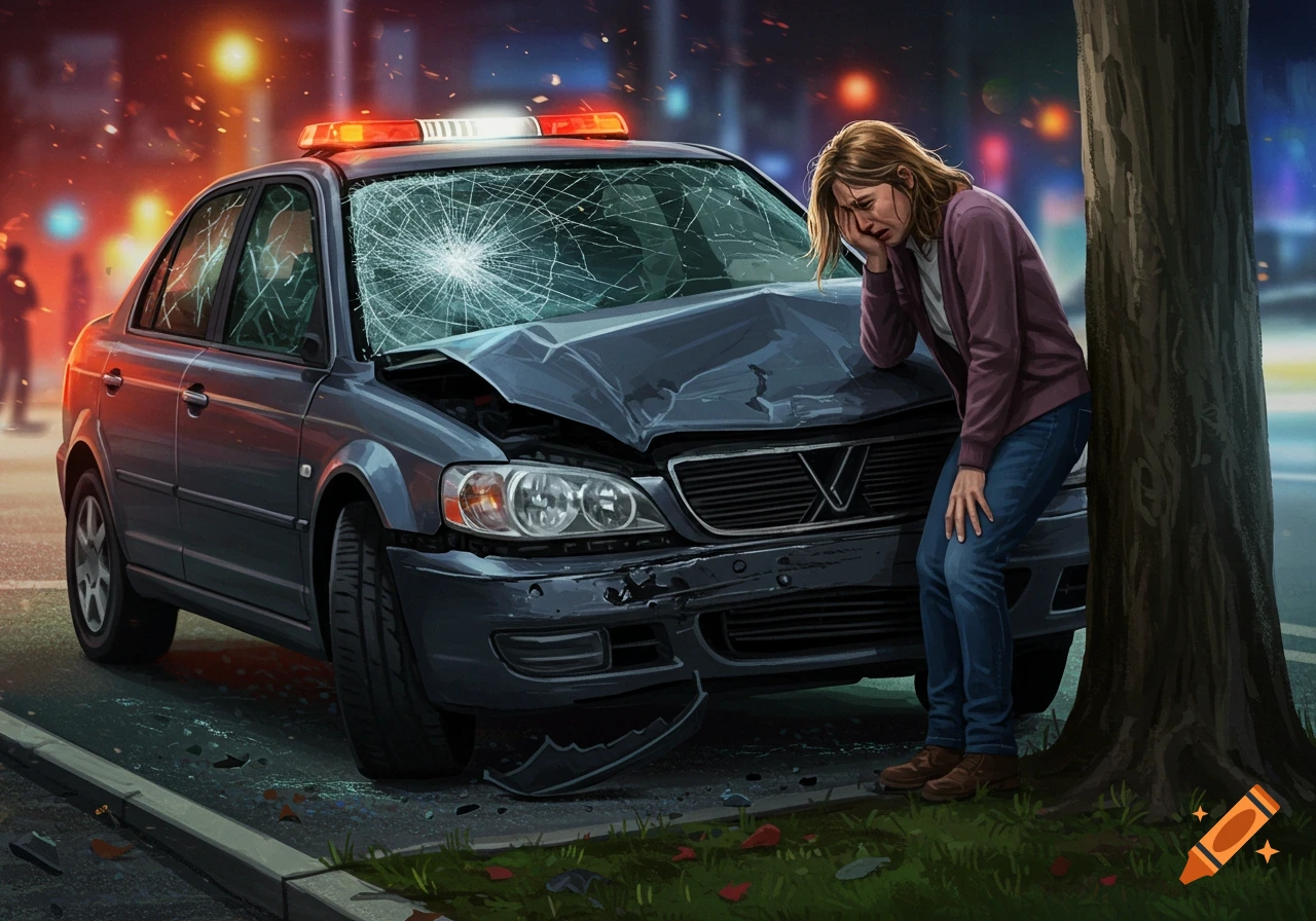 Illustration of a distressed woman standing beside a severely damaged car after a nighttime accident.