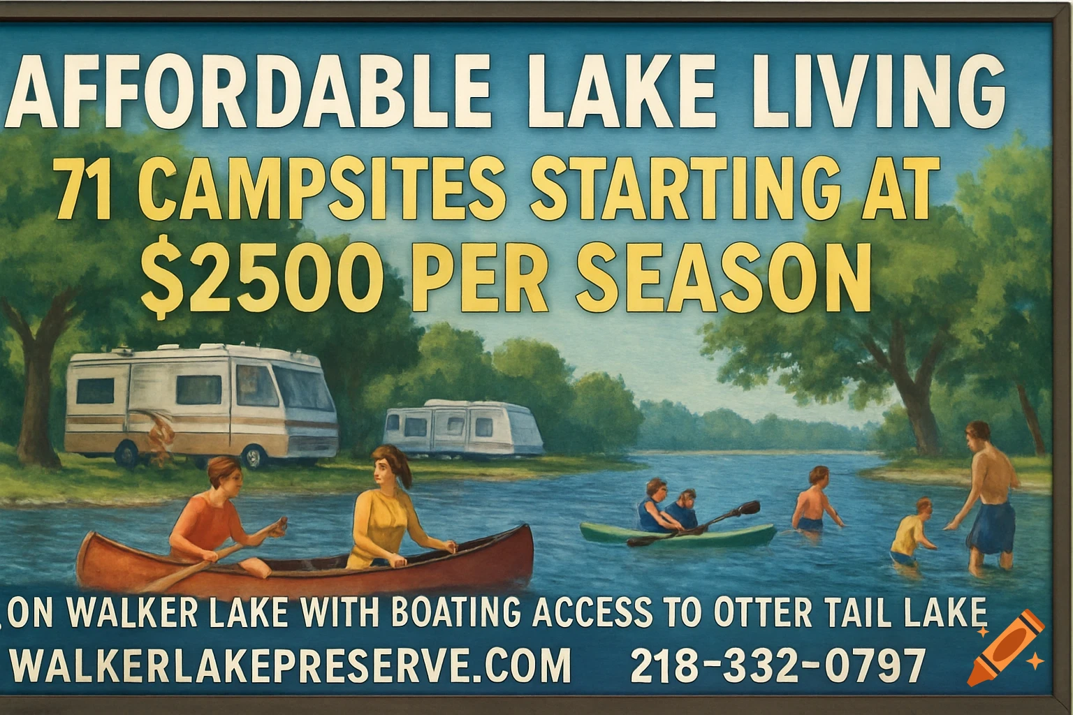 A billboard advertising affordable lake living, showing people in canoes and wading in a lake with RVs and trees in the background.