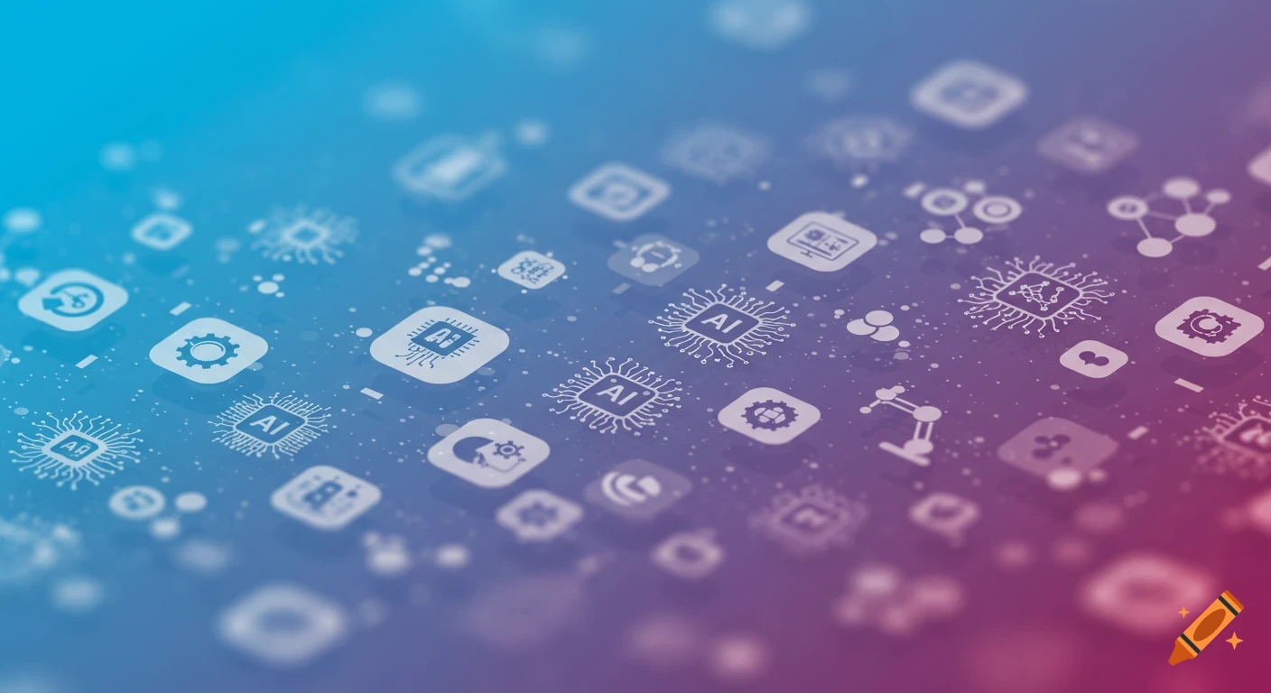 A blue and purple gradient background covered with various white technology and AI-related icons, including circuit boards, gears, and data nodes.