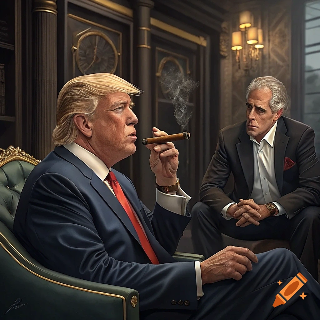 Photorealistic portrait of Donald Trump smoking a cigar, seated in an opulent room, with another man observing him.