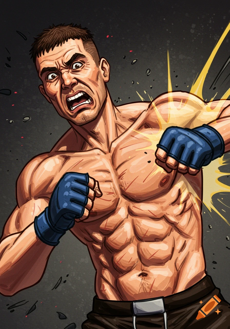 A muscular male fighter in blue gloves grimaces as he takes a punch to the gut in a comic book style illustration.