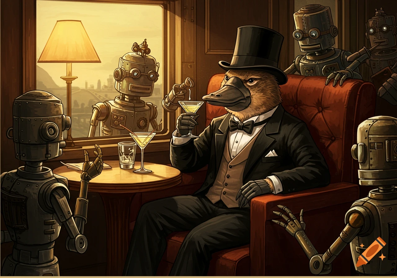A dapper platypus in a top hat sips a martini on a vintage train with steampunk robots.