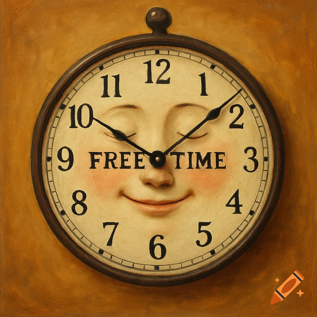 A smiling, moon-faced clock with the words "FREE TIME" across its center, set against a warm, golden-brown background in a painterly style.