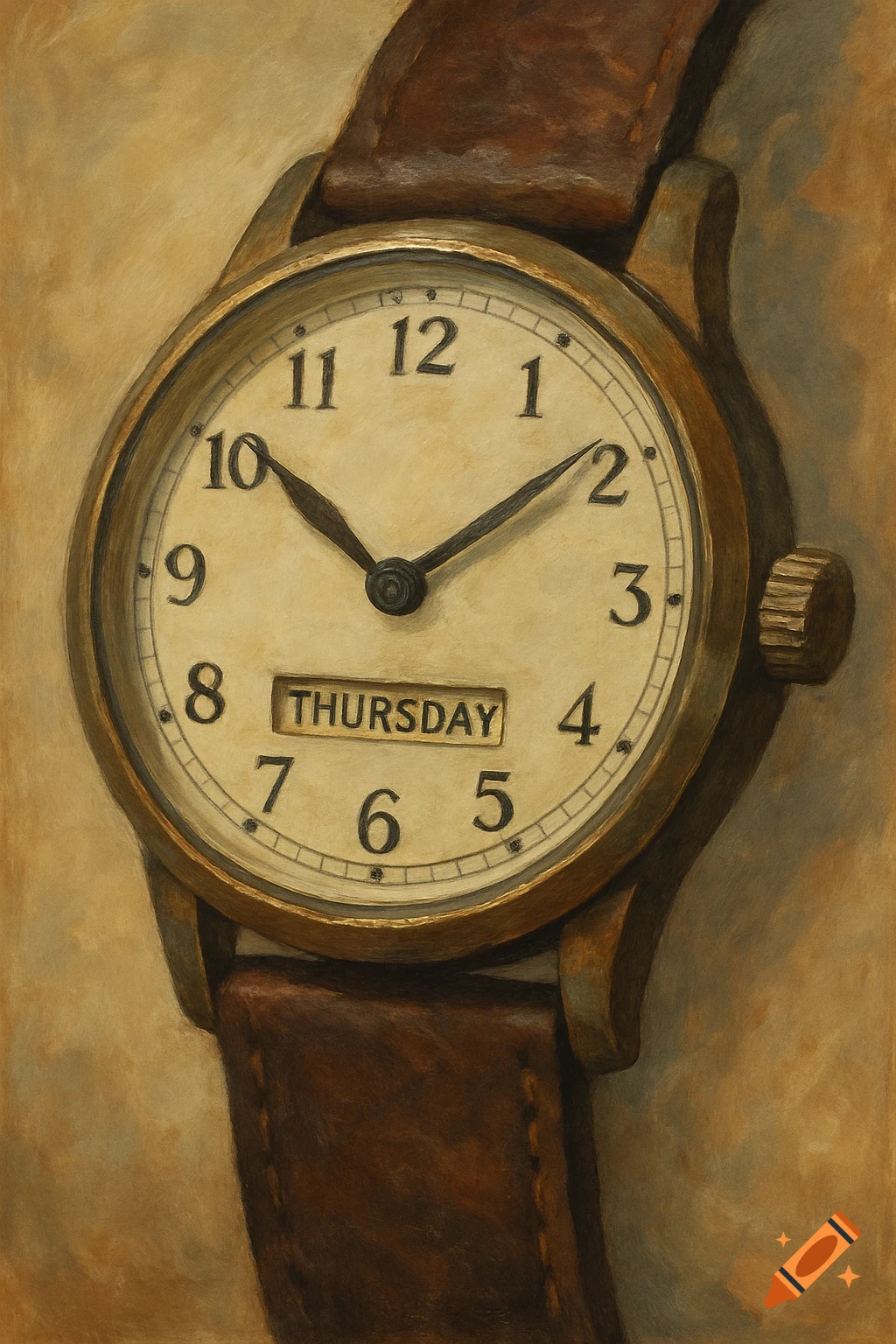 Close-up of a vintage analog watch with a brown leather strap, showing the day "THURSDAY" and the time approximately 10:45.