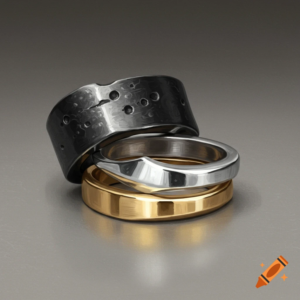 Three stacked rings: a textured black metal ring, a shiny silver ring, and a polished gold ring, on a grey surface.