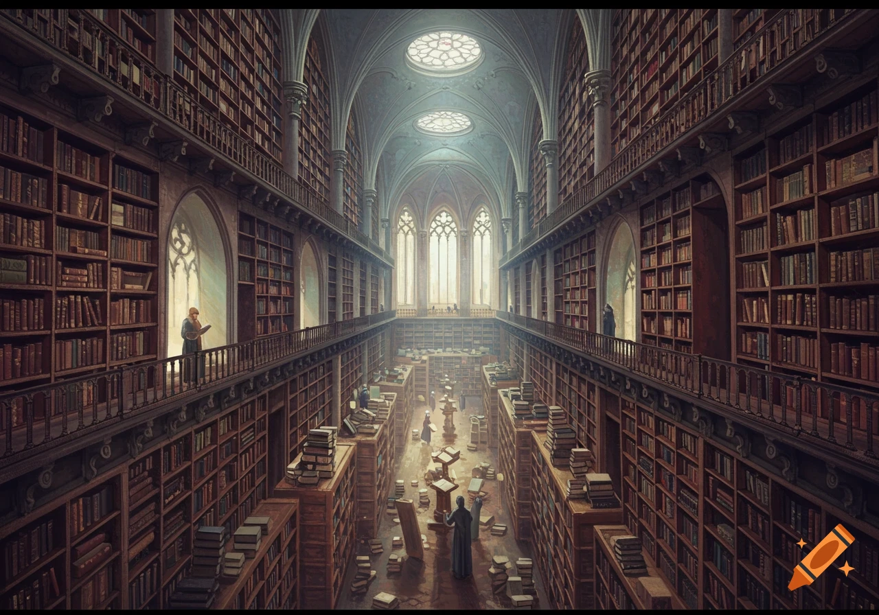 Grand, ornate library with towering bookshelves, gothic architecture, and tiny figures reading among scattered books.