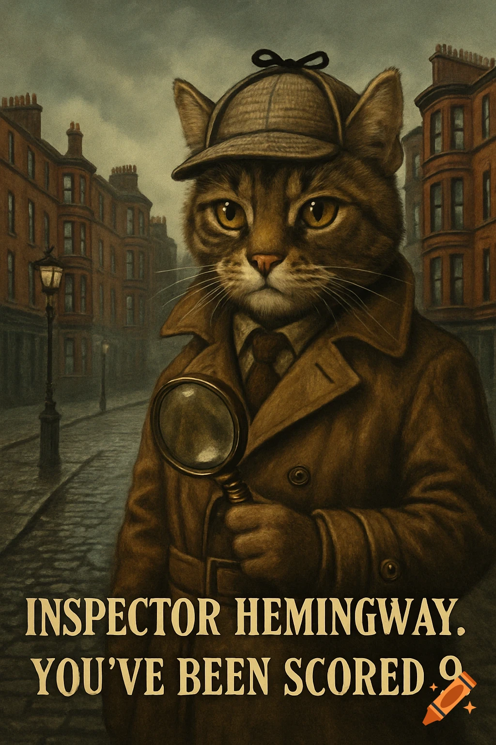 A tabby cat detective in a trench coat and deerstalker hat stands on a wet cobblestone street, holding a magnifying glass. Text reads "Inspector Hemingway. You've been scored 9."