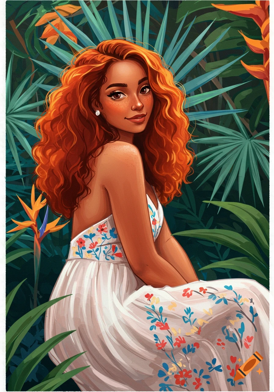 A stylized illustration of a woman with red curly hair and freckles, wearing a white floral dress, surrounded by tropical foliage and bird of paradise flowers.