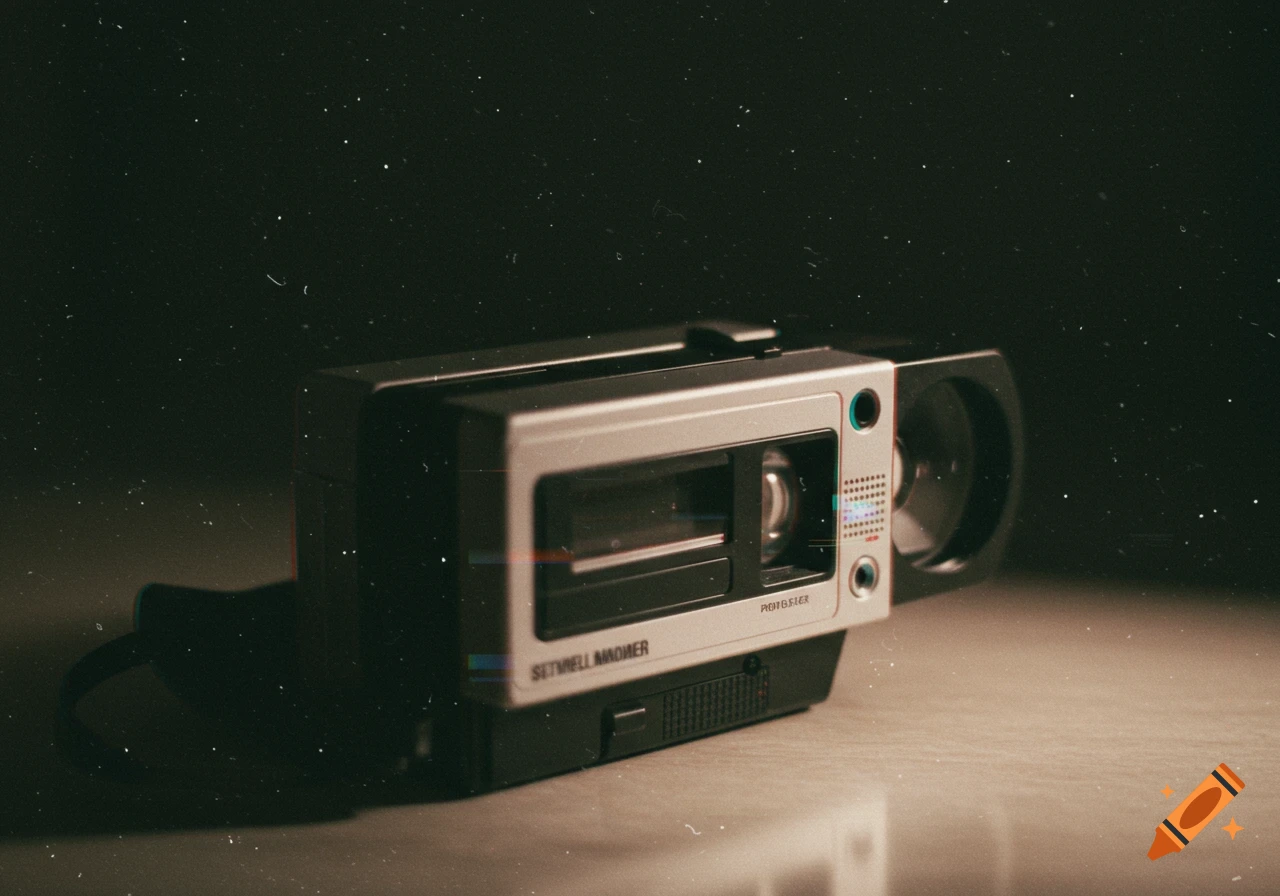 A retro camcorder with a VHS effect on a surface against a dark background.