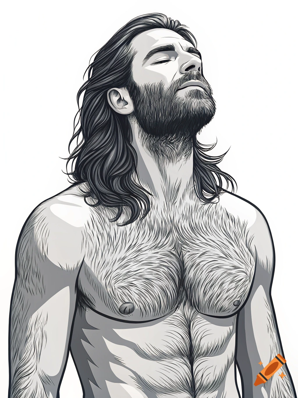 A monochromatic line art illustration of a muscular, hairy man with long hair and a beard, looking upwards with closed eyes.