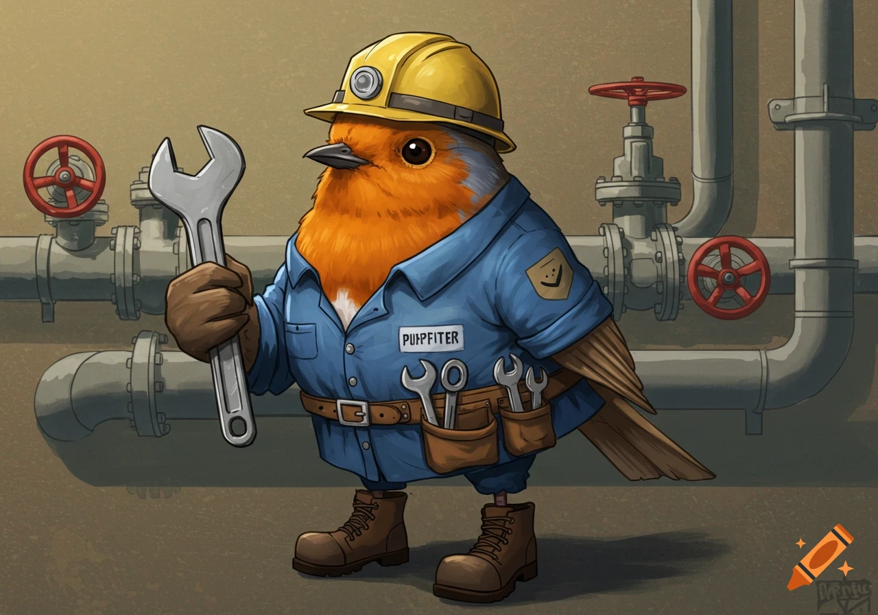 A cartoon robin wearing a yellow hard hat and blue work overalls holds a wrench against a background of pipes.