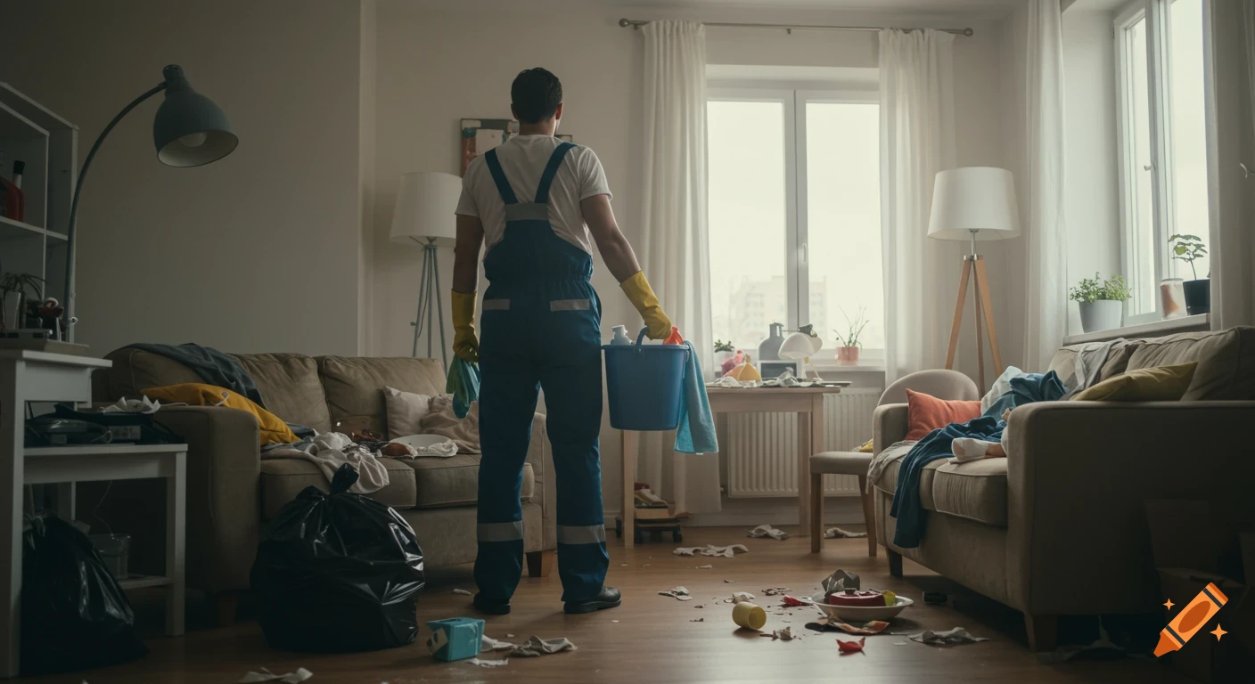 Photorealistic shot of a cleaner with a bucket, standing in a very messy, cluttered apartment living room with daylight streaming in.