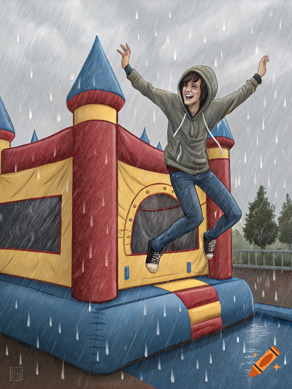 Illustrated person in a hoodie jumping joyfully on a colorful bouncy castle in the rain.