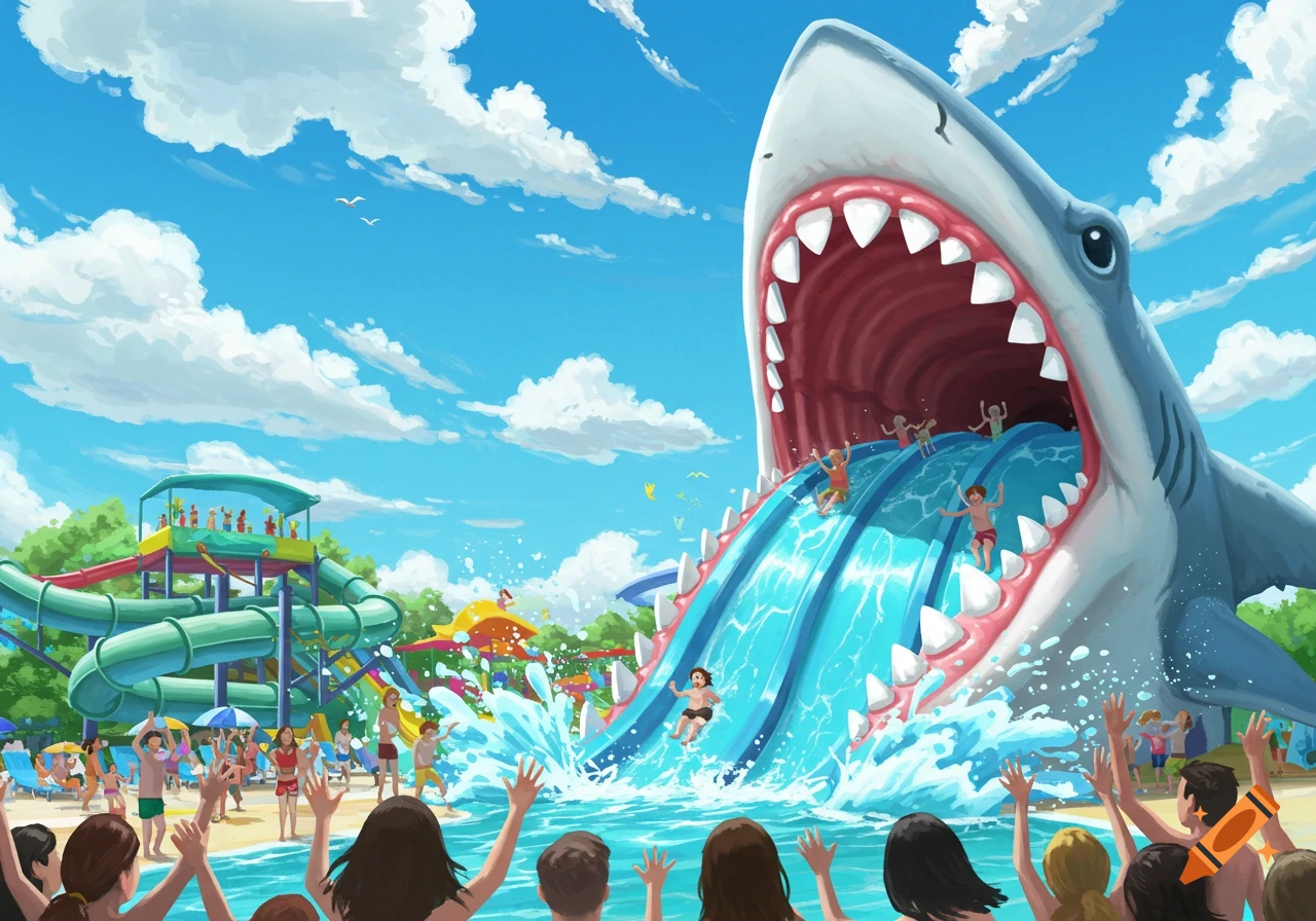 Cartoon illustration of a vibrant water park on a sunny day with a large shark-mouthed water slide. People are enjoying the slide and splashing in the water.