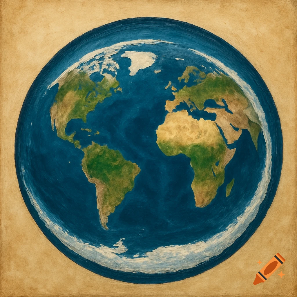 A stylized, painterly depiction of Earth from space, showing continents and oceans surrounded by a light atmosphere.