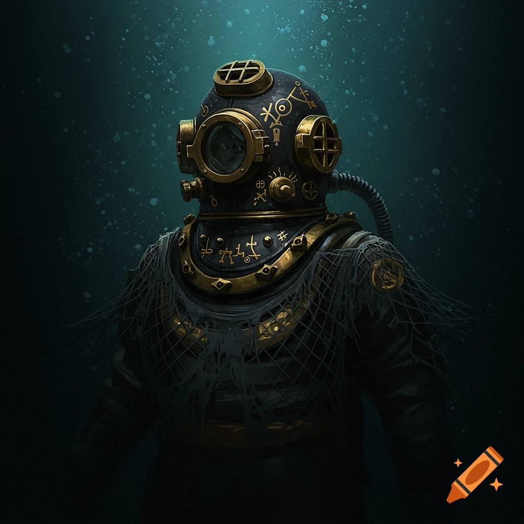 A dark and ornate deep-sea diving suit with gold accents, mystical symbols, and draped netting, set against a dark, murky underwater background.