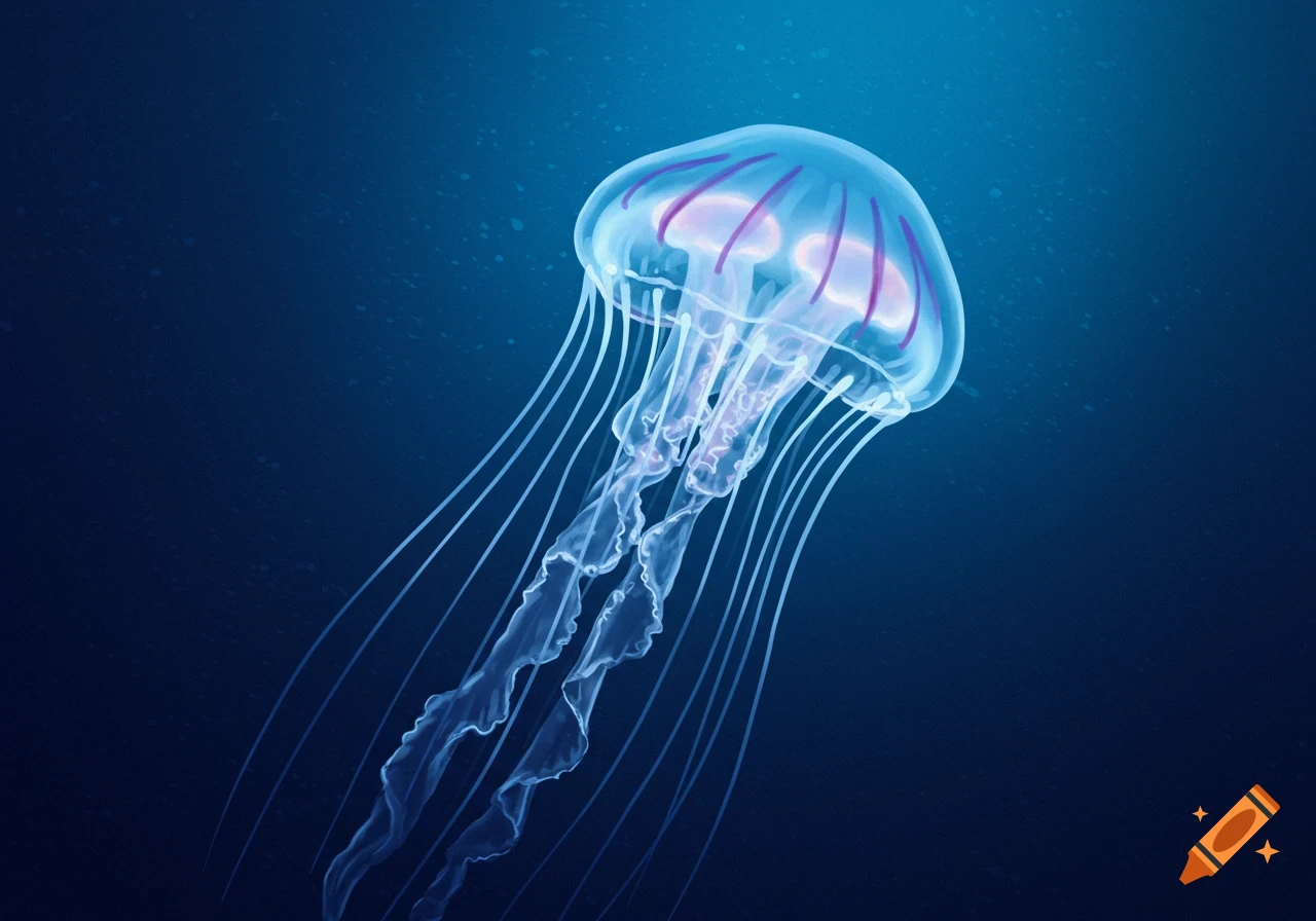 A luminous translucent jellyfish with purple internal structures floats in deep blue water.