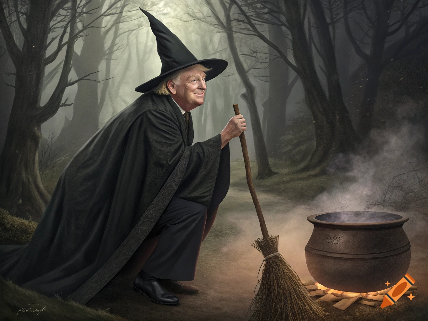 Photorealistic painting of Donald Trump dressed as a witch in a black robe and hat, holding a broom next to a smoking cauldron in a misty forest.