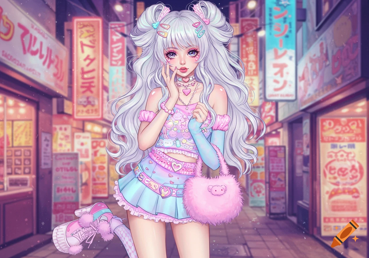 An anime-style character with long white hair in pigtails, wearing a pink and blue gyaru outfit, holding a fluffy pink bag, stands in a vibrant, neon-lit Japanese street.