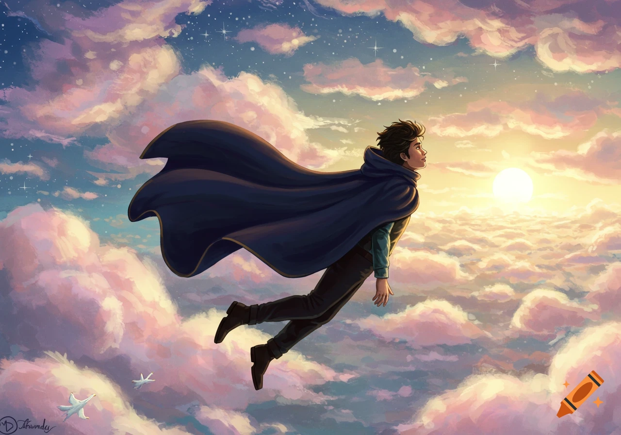 A person in a blue cape flies through a cloudy sky during a colorful sunset.