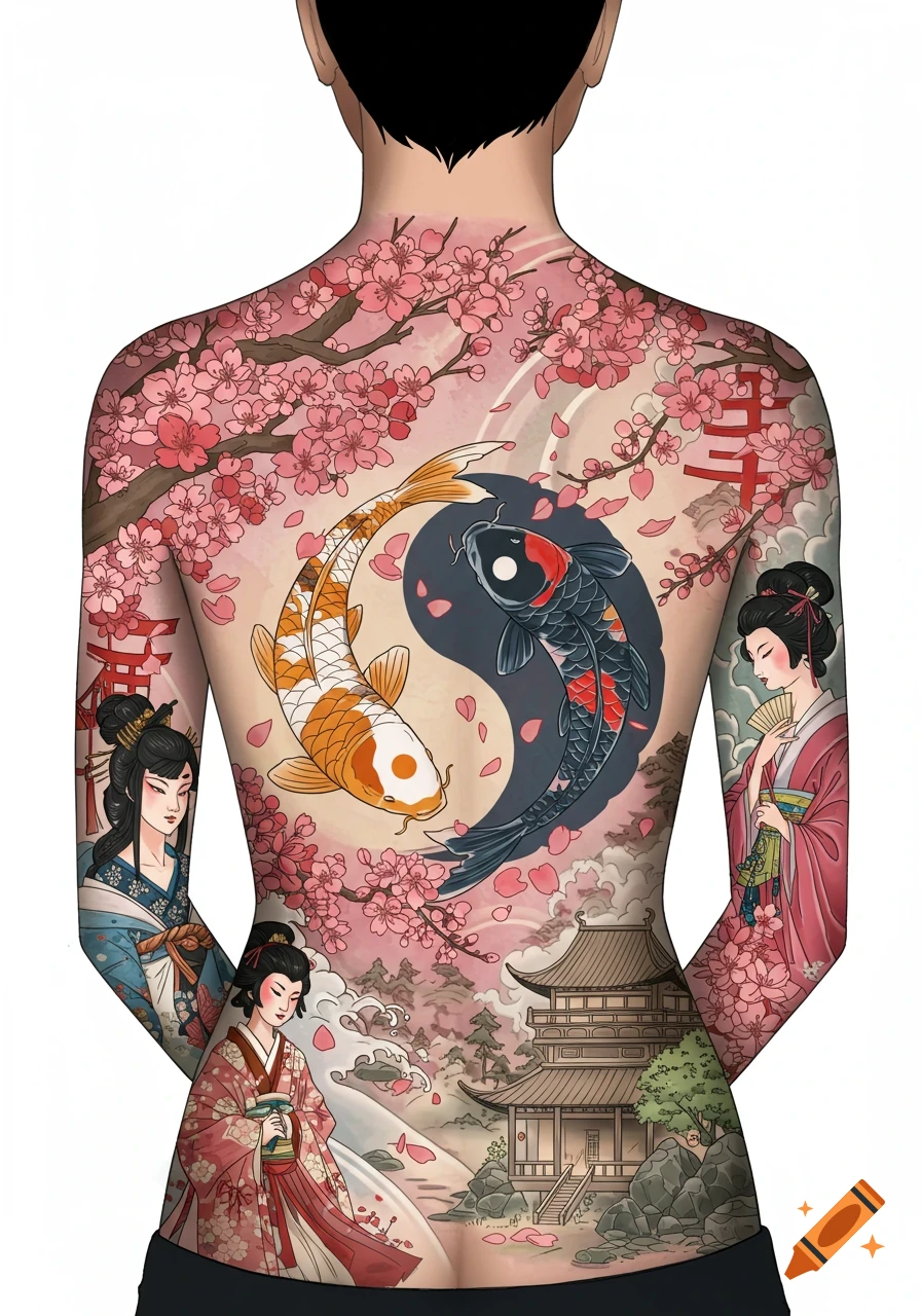 Full back tattoo featuring yin-yang koi fish, cherry blossoms, Japanese women in kimonos, and a pagoda in a stylized, colorful art style.