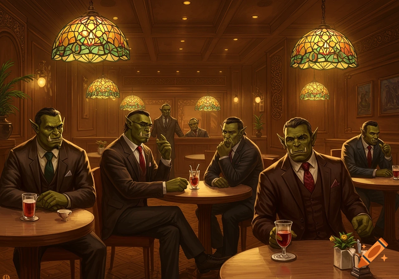Business orcs in suits sitting at tables in a warm-toned upscale cafe, lit by ornate Tiffany lamps.