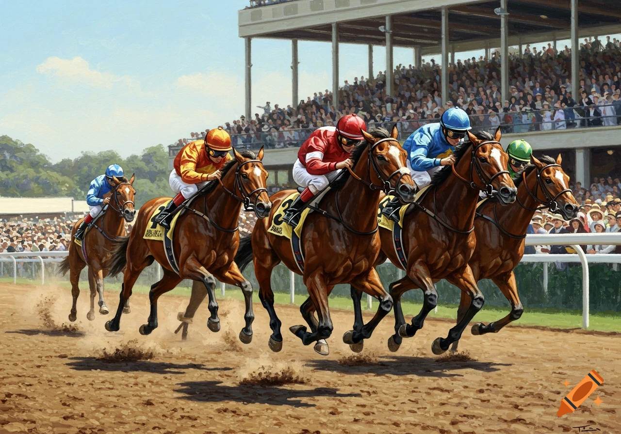 An oil painting of several jockeys riding their horses at full gallop on a dirt track during a horse race, with spectators in a grandstand in the background.