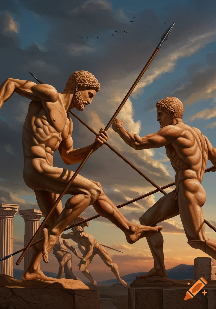 Dramatic illustration of two Greek statues fighting with spears, with ...