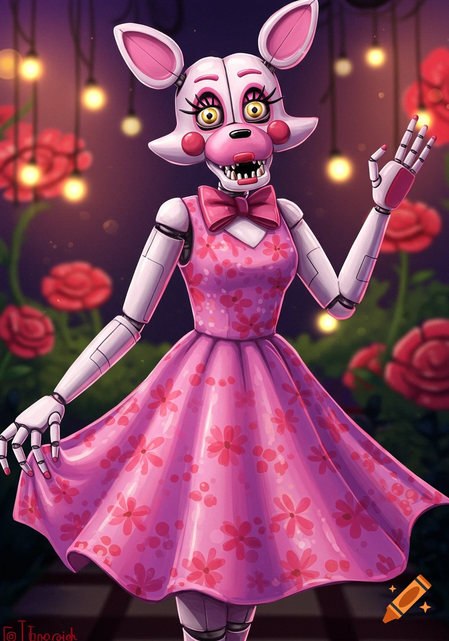 Digital illustration of Mangle from Five Nights at Freddy's in a pink flowered dress, posing in a rose garden with string lights.