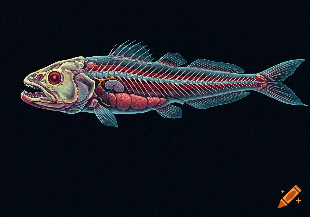 A detailed x-ray illustration of a fish, showing its skeleton, bones, and internal organs against a black background.