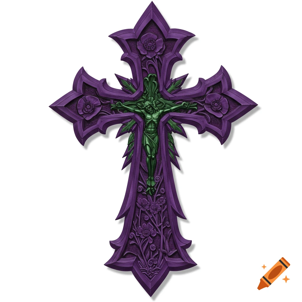 A purple gothic cross featuring a stylized green depiction of Jesus Christ, adorned with intricate floral carvings, on a white background.