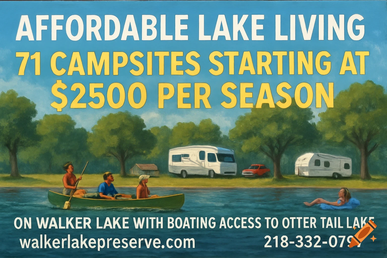 A painted scene of a lakeside campground with RVs, a cabin, people in a canoe, and a person floating in the lake, overlaid with text advertising lake living.