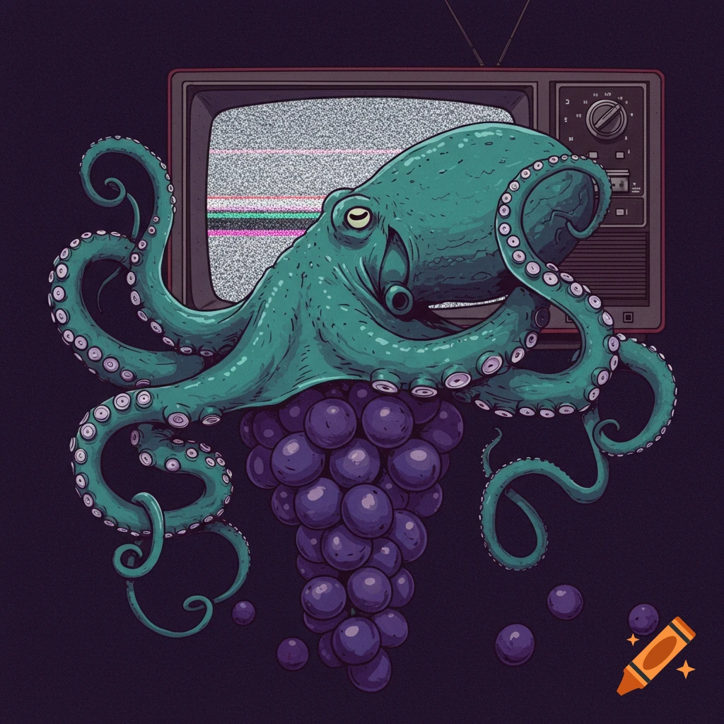 An illustrated teal octopus holding a large bunch of purple grapes, with a static-filled retro television in the background.