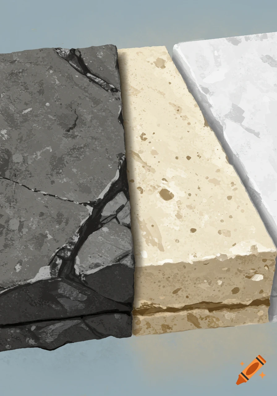 Three rectangular blocks of different materials: dark grey, light beige, and white, against a light background.