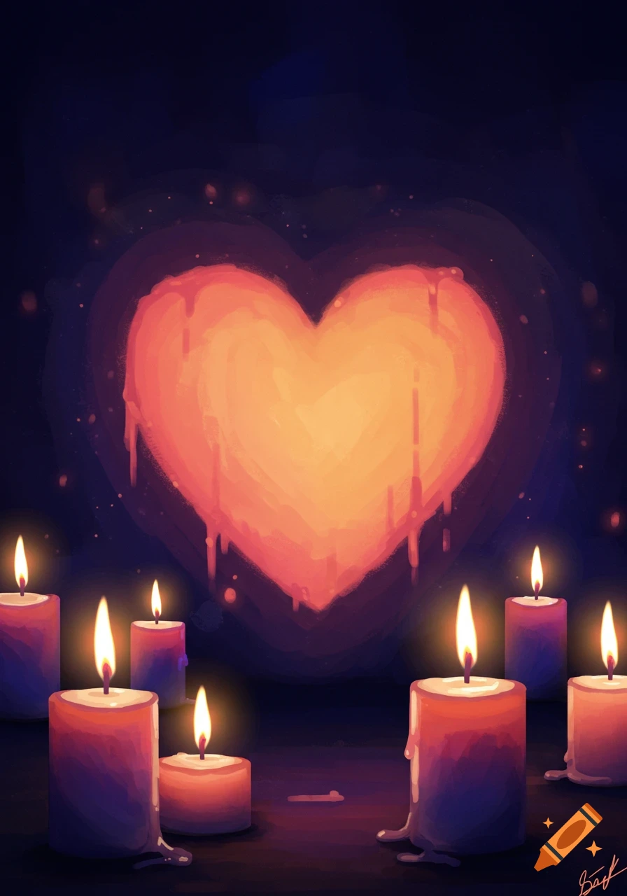 Stylized illustration of a glowing, melting heart surrounded by several lit candles in a dark, warm setting.