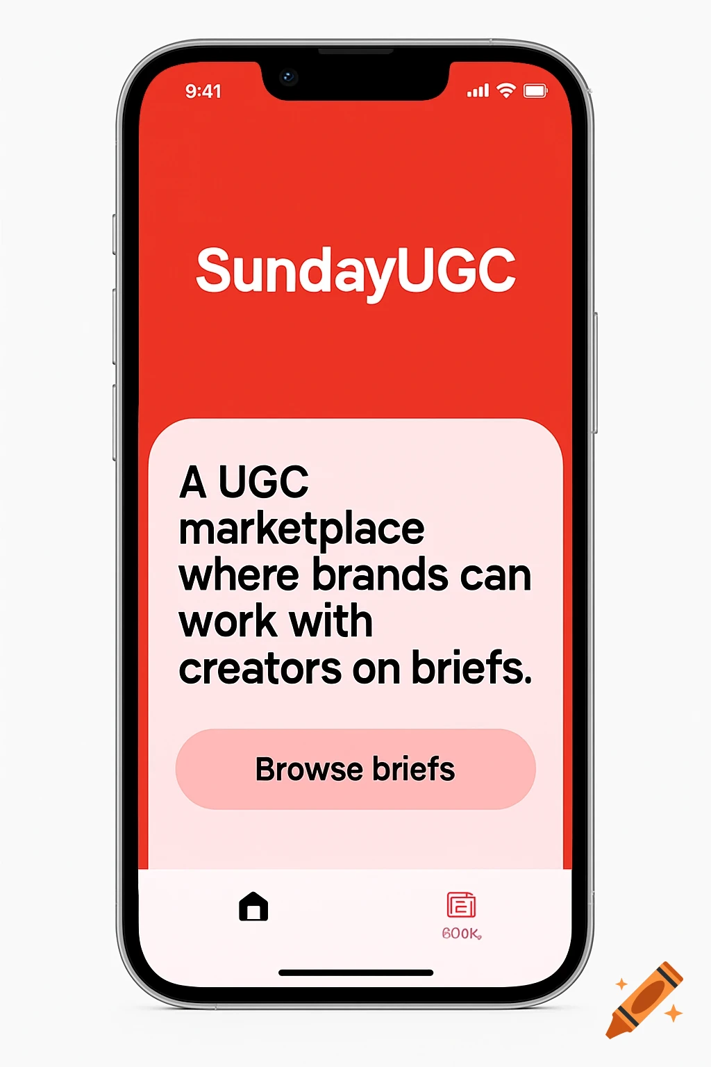 A smartphone displaying an app called SundayUGC, a UGC marketplace, with text about brands working with creators on briefs.