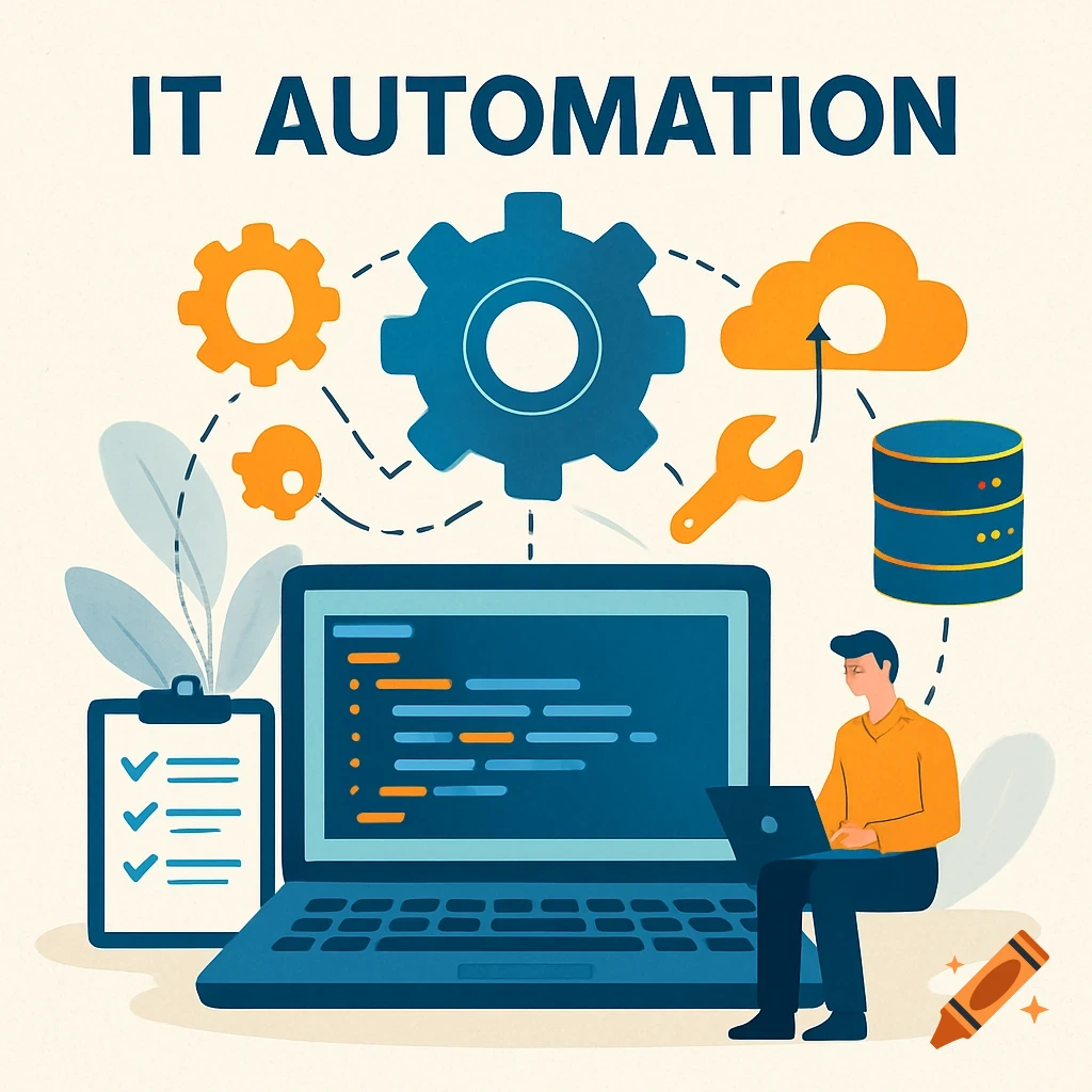 Illustration showing IT automation concepts with gears, cloud, server, and a person coding on a laptop, with text 'IT AUTOMATION'.