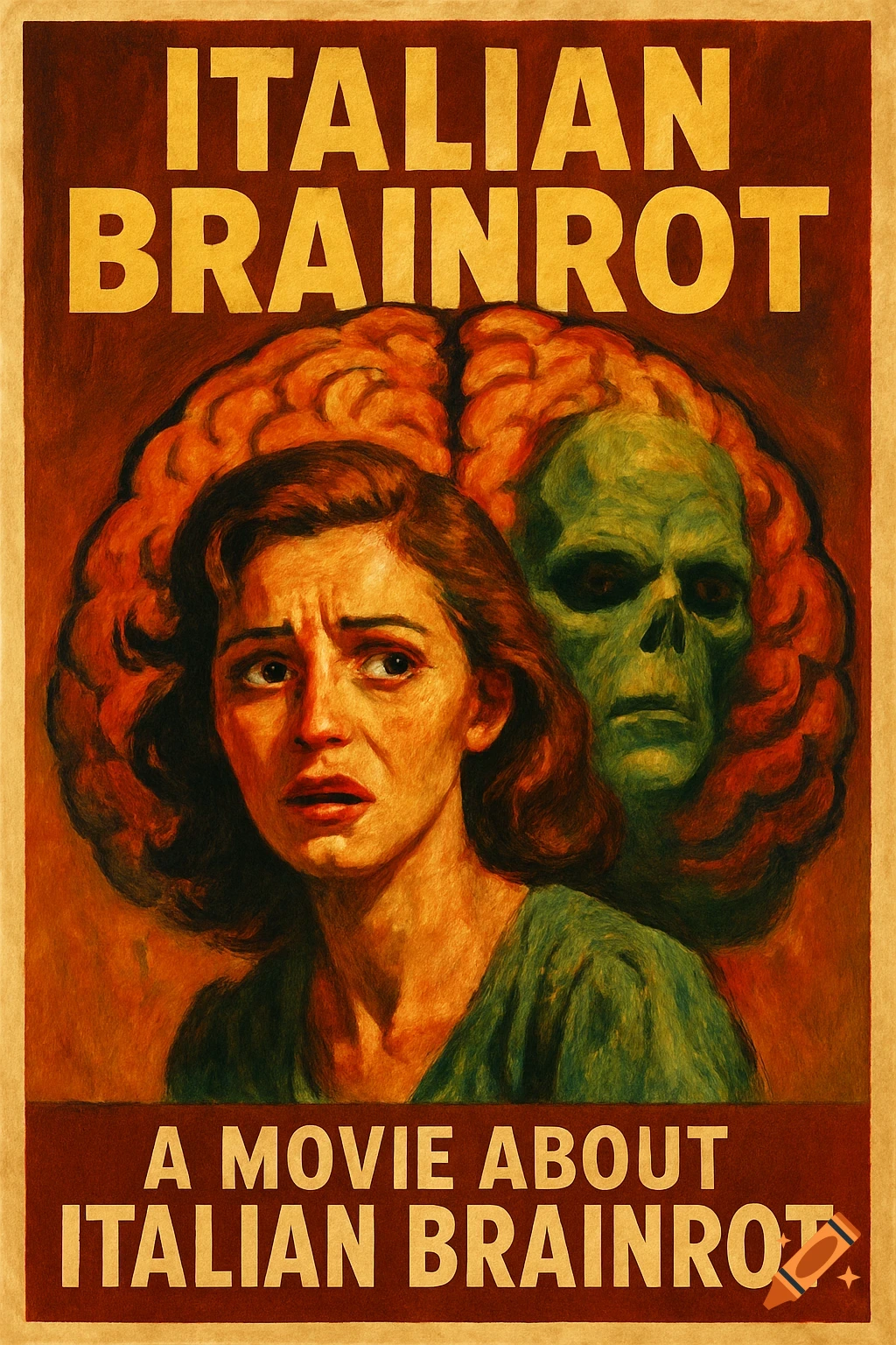 A vintage horror movie poster for 'Italian Brainrot,' featuring a frightened woman and a green, skull-like brain creature.