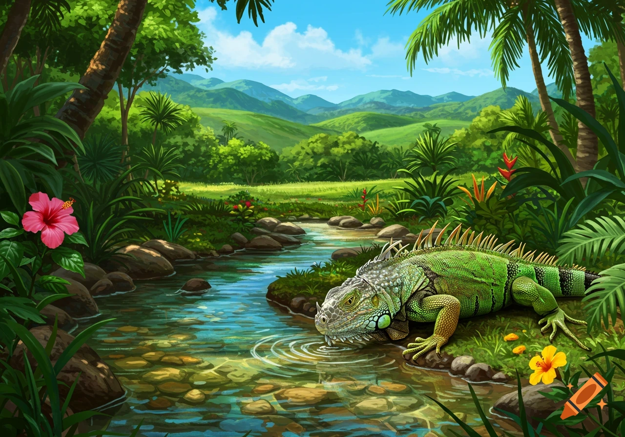 A vibrant green iguana drinks from a clear stream in a lush tropical jungle with mountains in the background, illustrated.