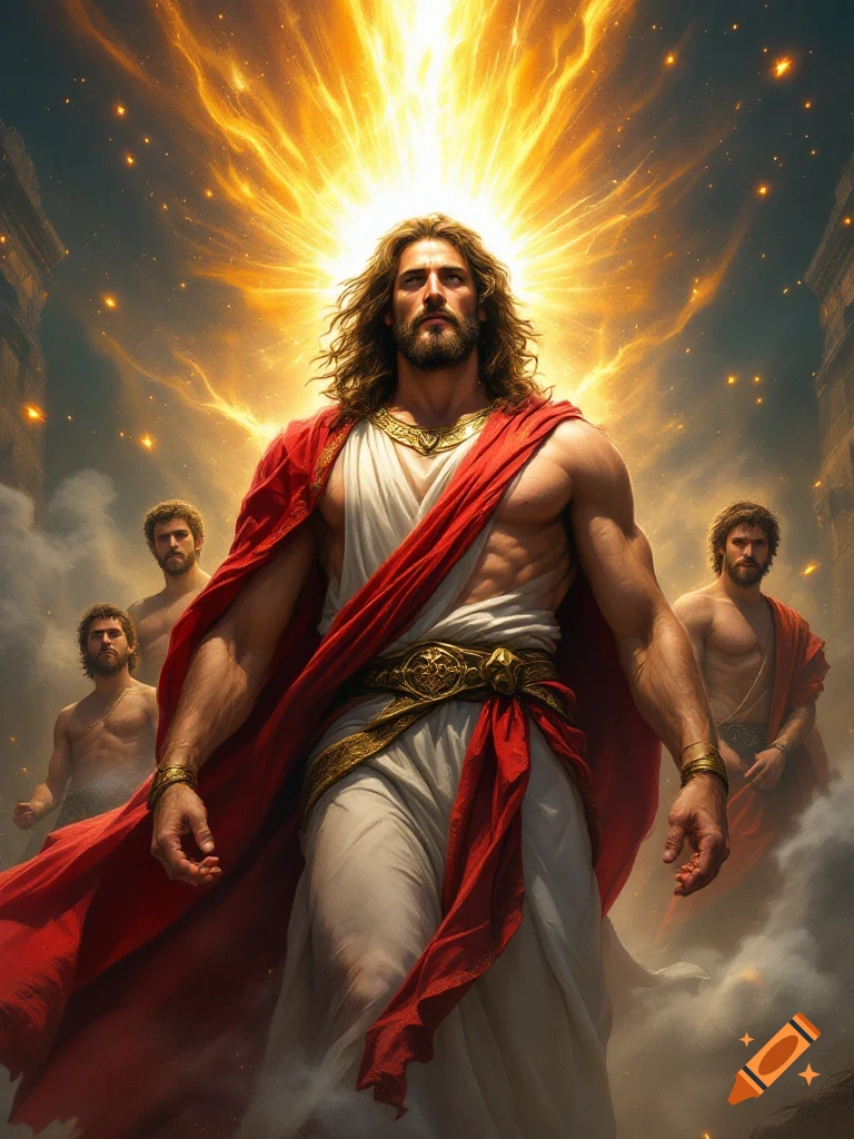 Muscular Jesus Christ with glowing halo and red robe, standing heroically with other figures in a dramatic, light-filled scene, comic book style.