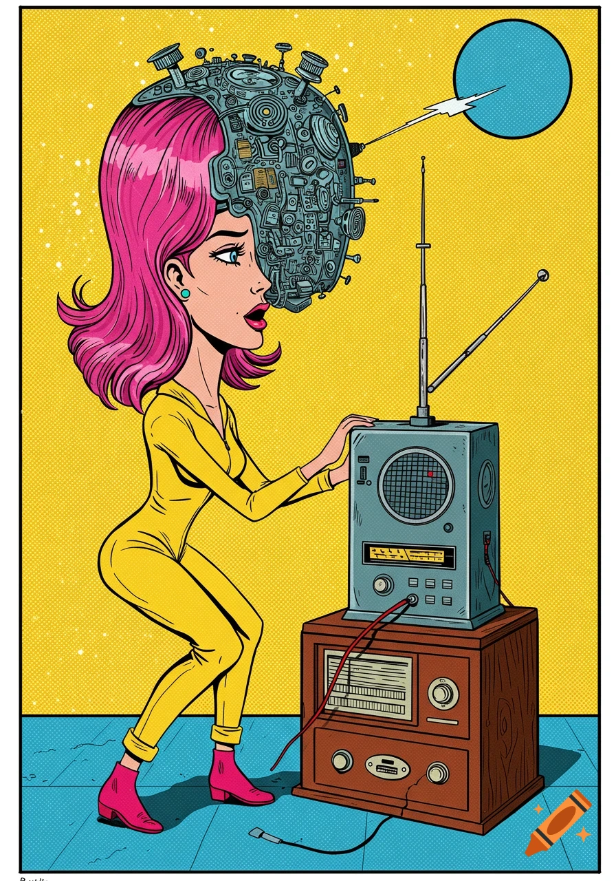 Pop art illustration of a woman with pink hair and a mechanical brain, tuning a vintage radio.